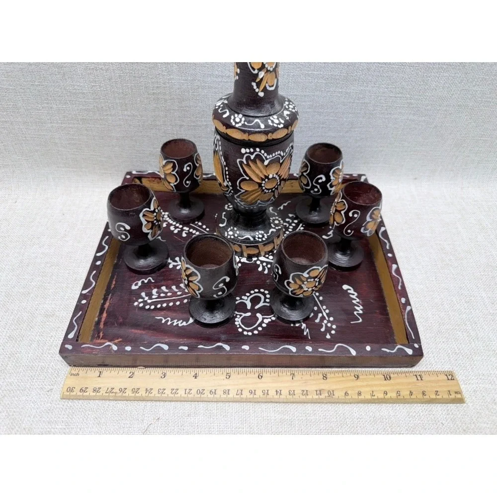 Vintage Hand Painted Carved Wood Decanter Set Tray 6 Goblets‎ Folk Art Barware